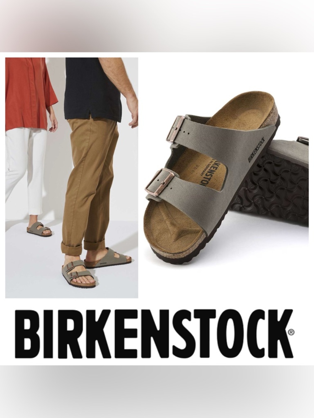NWT/NWOB Mens Birkenstock Arizona Birks-Flor Sandals in Stone